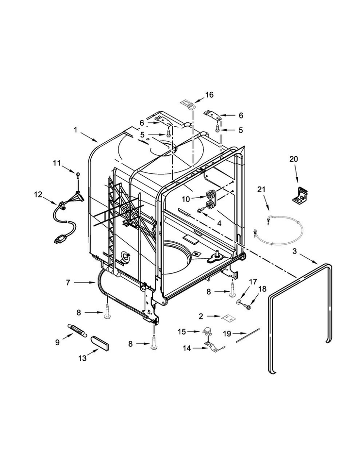 Tub And Frame Parts Diagram and Parts List for WDF121PAFW0  Whirlpool Dishwasher