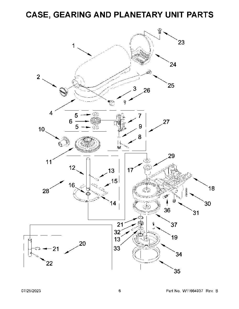 Case, Gearing And Planetary Unit Parts Diagram and Parts List for KSM195PSBM5  KitchenAid Mixer
