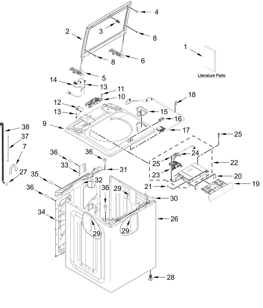 Top And Cabinet Parts Diagram and Parts List for ZWW5310RB0  Whirlpool Washer