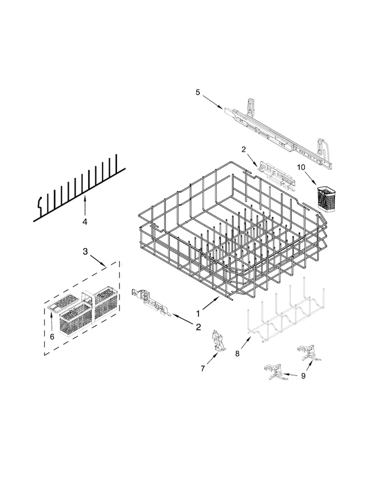 Lower Rack Parts Diagram and Parts List for KDTE254EBL0  KitchenAid Dishwasher