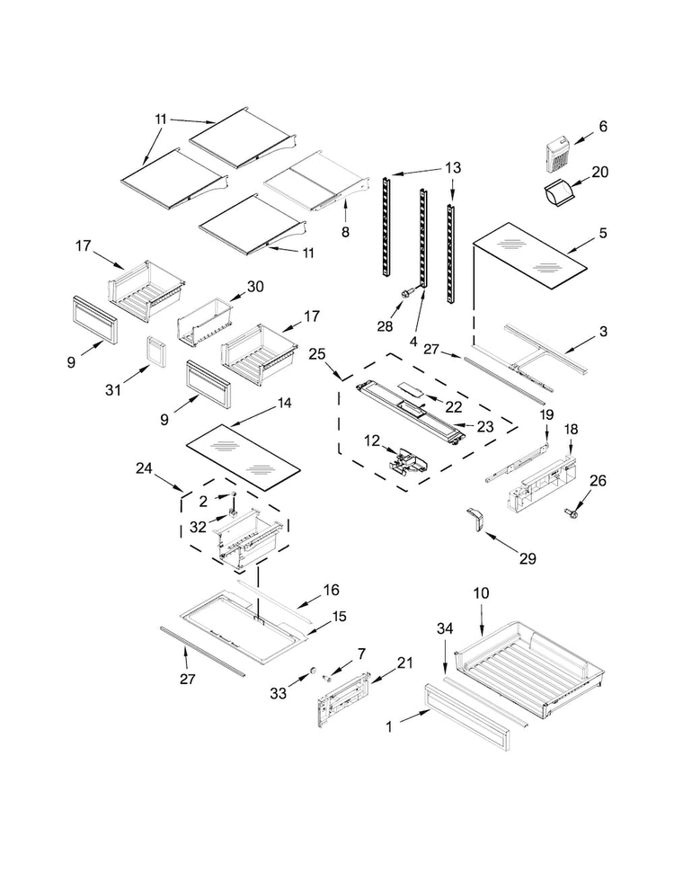 Shelf Parts Diagram and Parts List for WRF736SDAW13  Whirlpool Refrigerator
