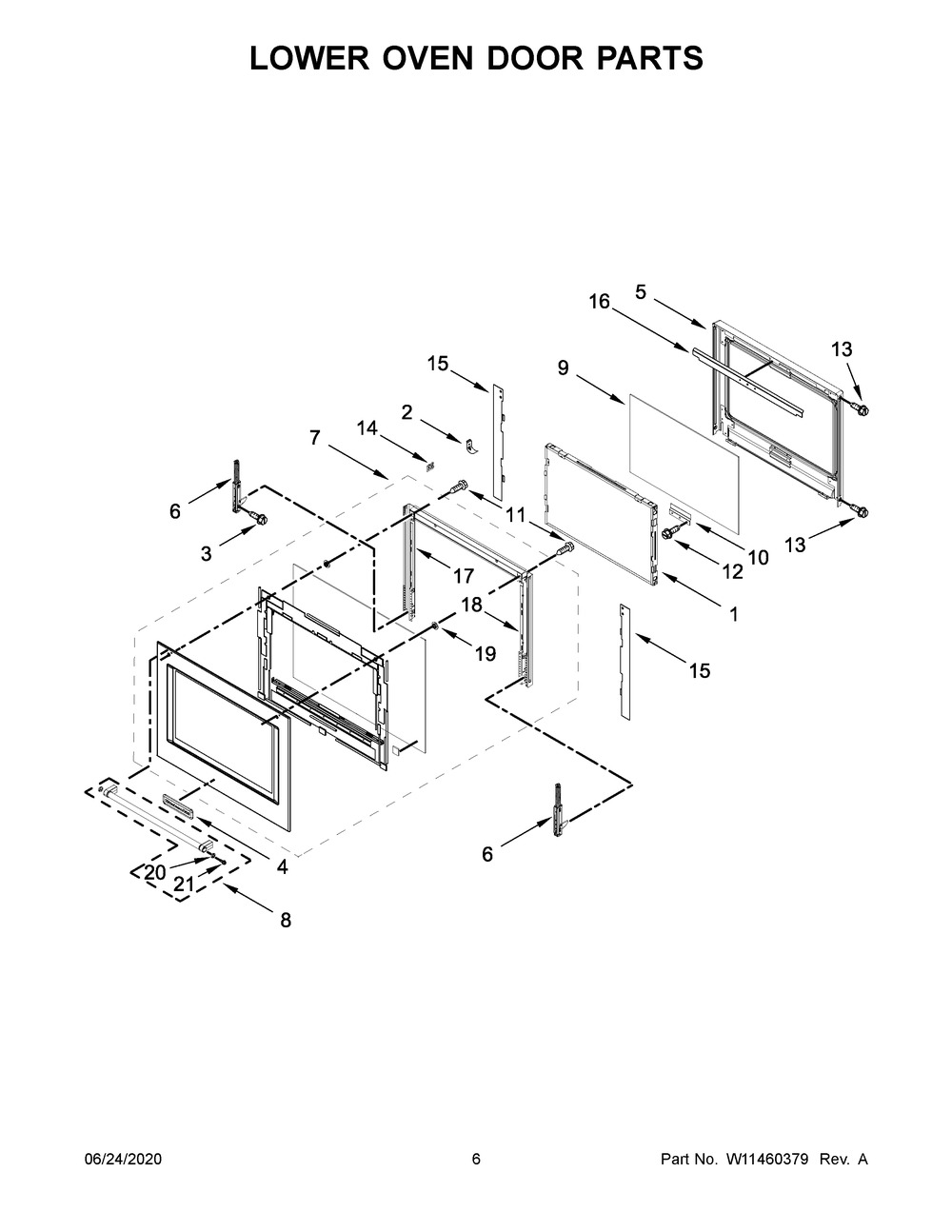 Lower Oven Door Parts Diagram and Parts List for KODT100ESS04  Whirlpool Microwave Oven Combo
