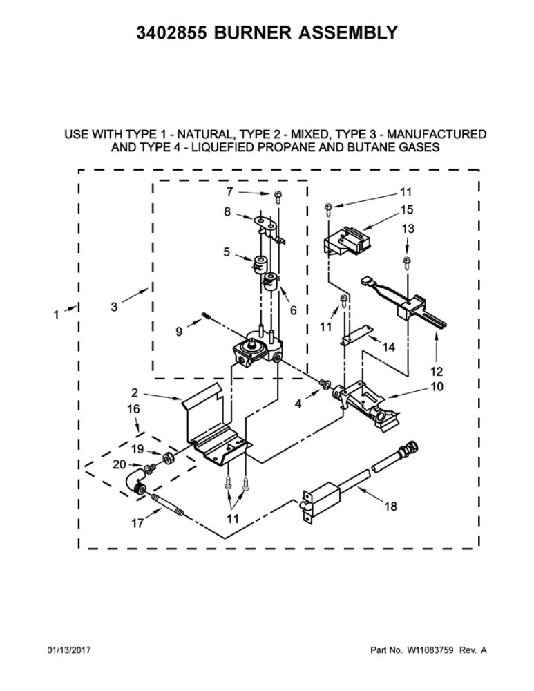 Burner Assembly Diagram and Parts List for WGT4027EW1  Whirlpool Washer Dryer Combo