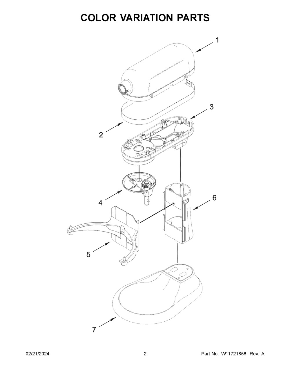 Color Variation Parts Diagram and Parts List for 5KSM55SXXCWH0  KitchenAid Mixer