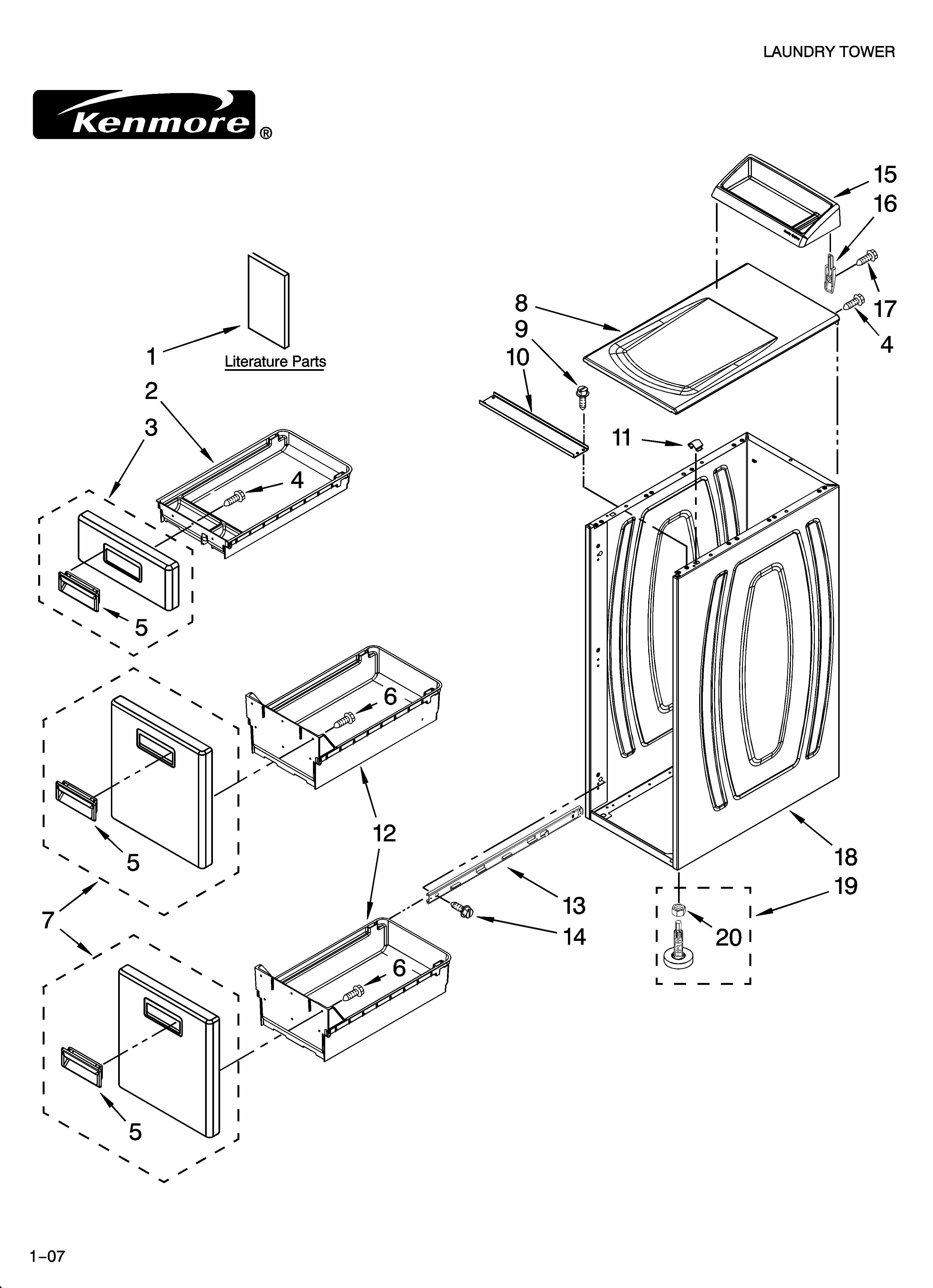 Cabinet And Drawer Parts Diagram and Parts List for 11010022600  Kenmore Laundry Accessories