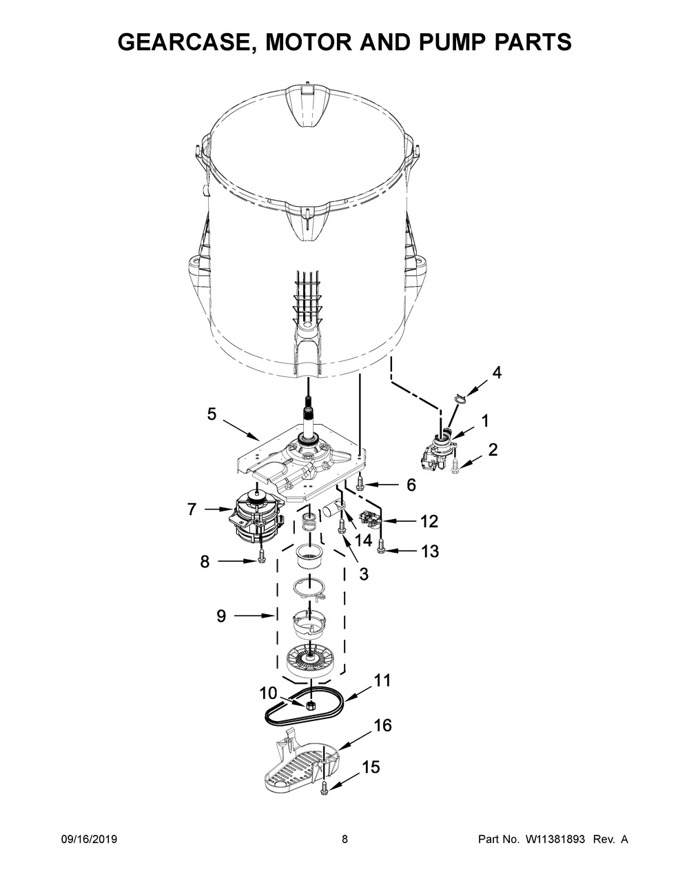Gearcase, Motor And Pump Parts Diagram and Parts List for WTW5000DW3  Whirlpool Washer