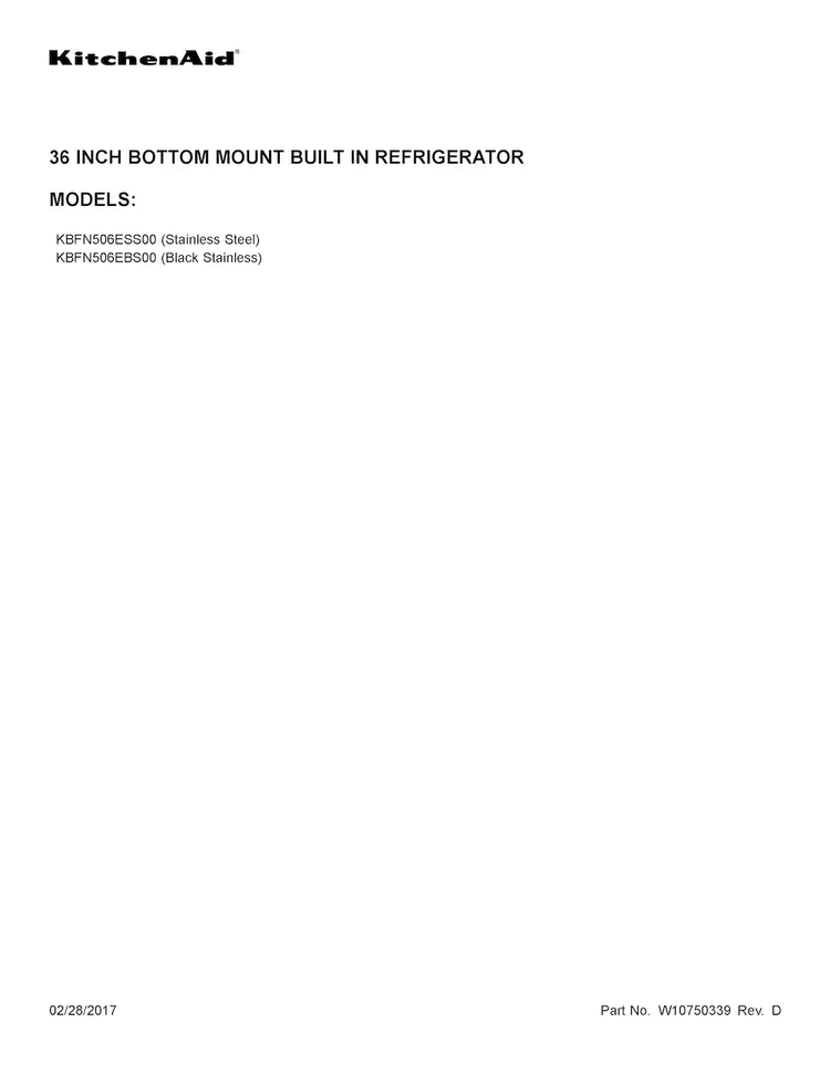 Cover Sheet Diagram and Parts List for KBFN506ESS00  KitchenAid Refrigerator