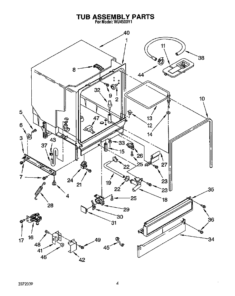 TUB, LIT/OPTIONAL Diagram and Parts List for WU4500Y1  Roper Dishwasher