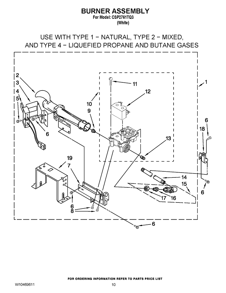 BURNER ASSEMBLY Diagram and Parts List for CSP2761TQ3  Whirlpool Dryer