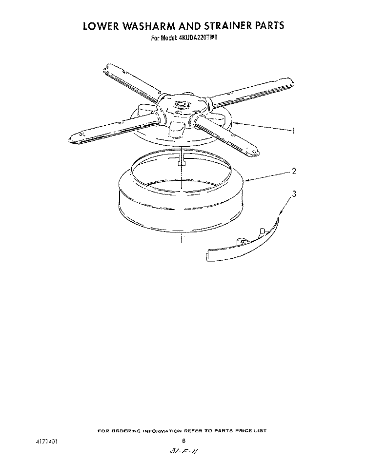 LOWER WASHARM AND STRAINER Diagram and Parts List for 4KUDA220TW0  KitchenAid Dishwasher