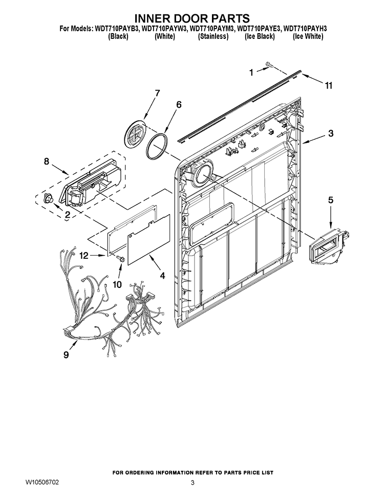 INNER DOOR PARTS Diagram and Parts List for WDT710PAYB3  Whirlpool Dishwasher