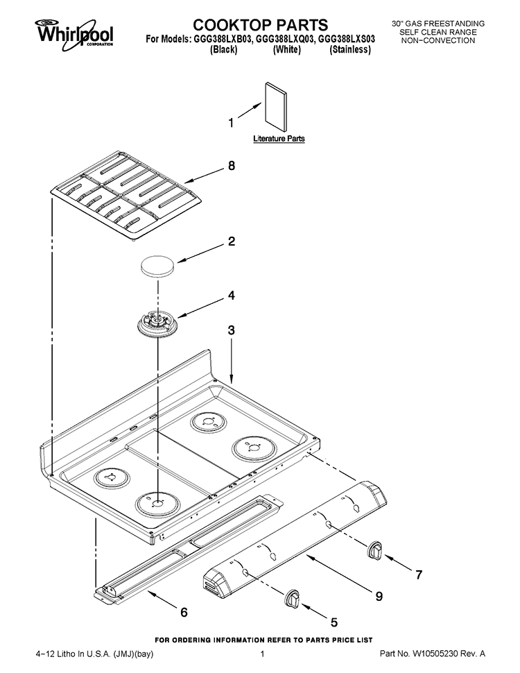 COOKTOP PARTS Diagram and Parts List for GGG388LXS03  Whirlpool Range