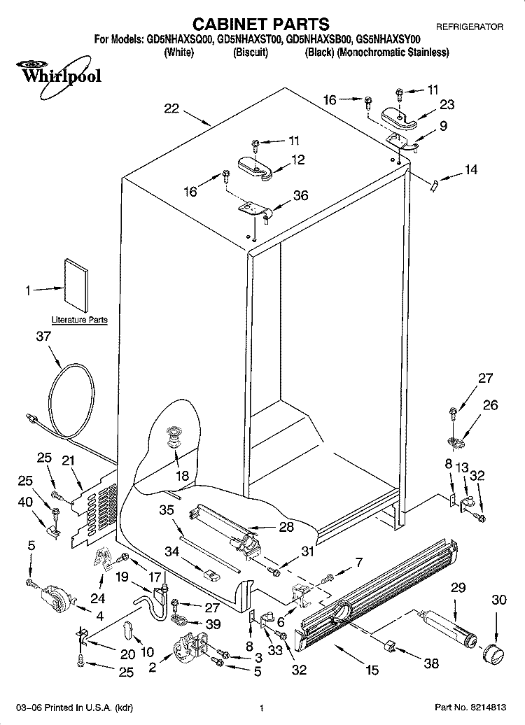 CABINET PARTS Diagram and Parts List for GS5NHAXSY00  Whirlpool Refrigerator