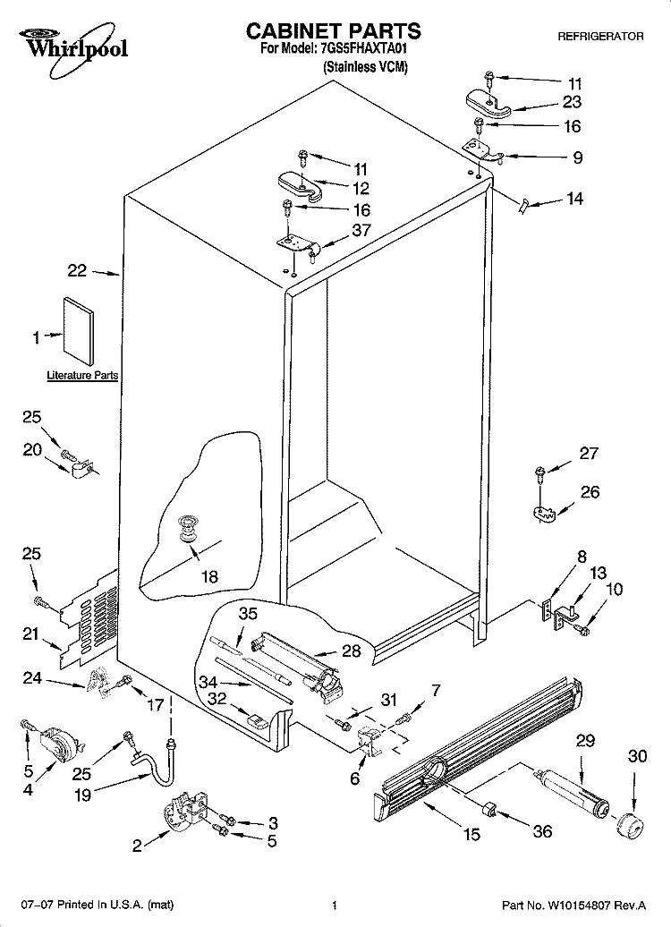 CABINET PARTS Diagram and Parts List for 7GS5FHAXTA01  Whirlpool Refrigerator