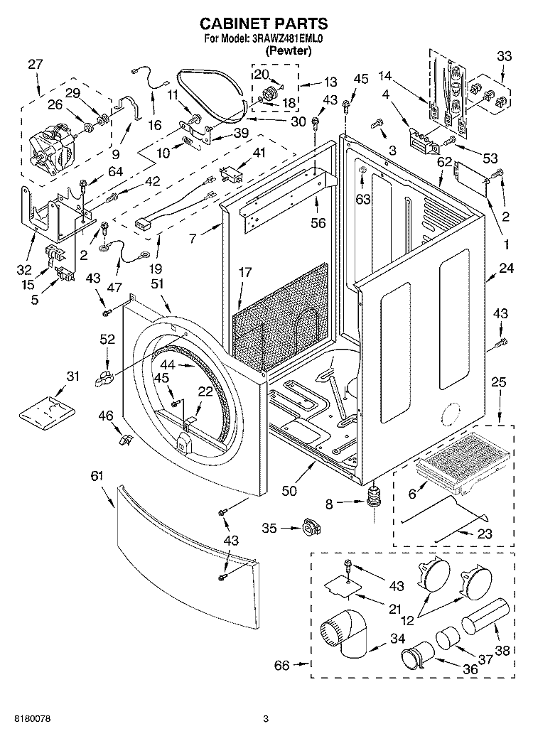 CABINET PARTS Diagram and Parts List for 3RAWZ481EML0  Whirlpool Dryer