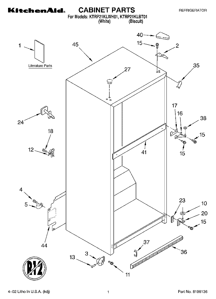 CABINET, LITERATURE Diagram and Parts List for KTRP21KLBT01  KitchenAid Refrigerator