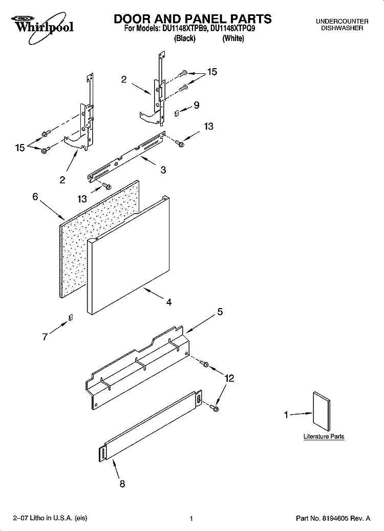 DOOR AND PANEL PARTS Diagram and Parts List for DU1148XTPQ9  Whirlpool Dishwasher