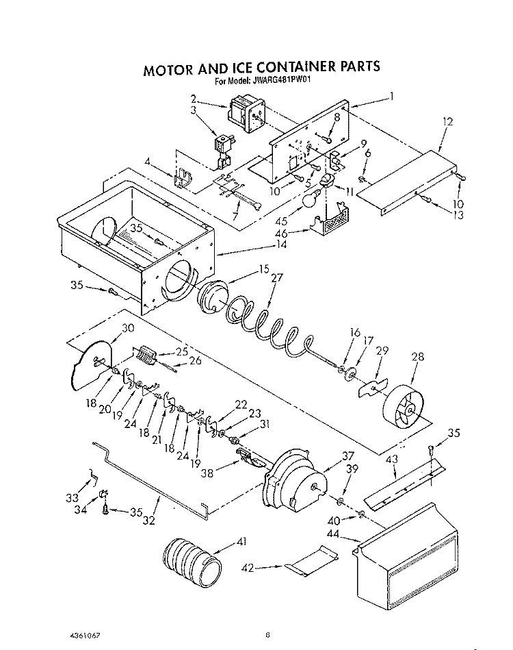 MOTOR AND ICE CONTAINER Diagram and Parts List for JWARG481PW01  Whirlpool Refrigerator