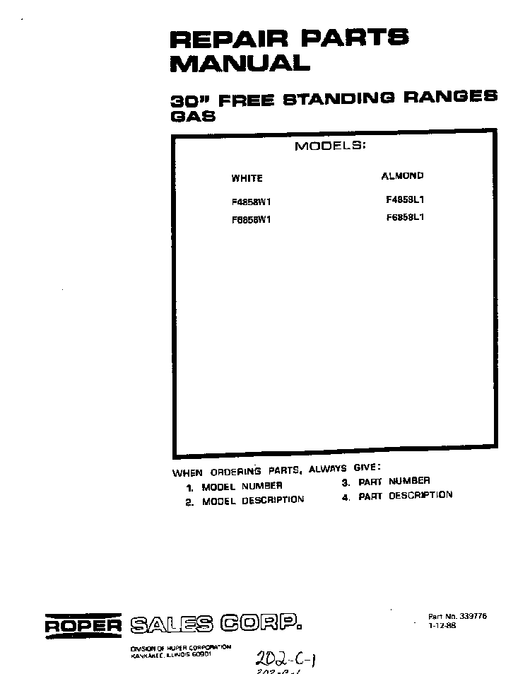 Front Cover Diagram and Parts List for F6858*1  Roper Range