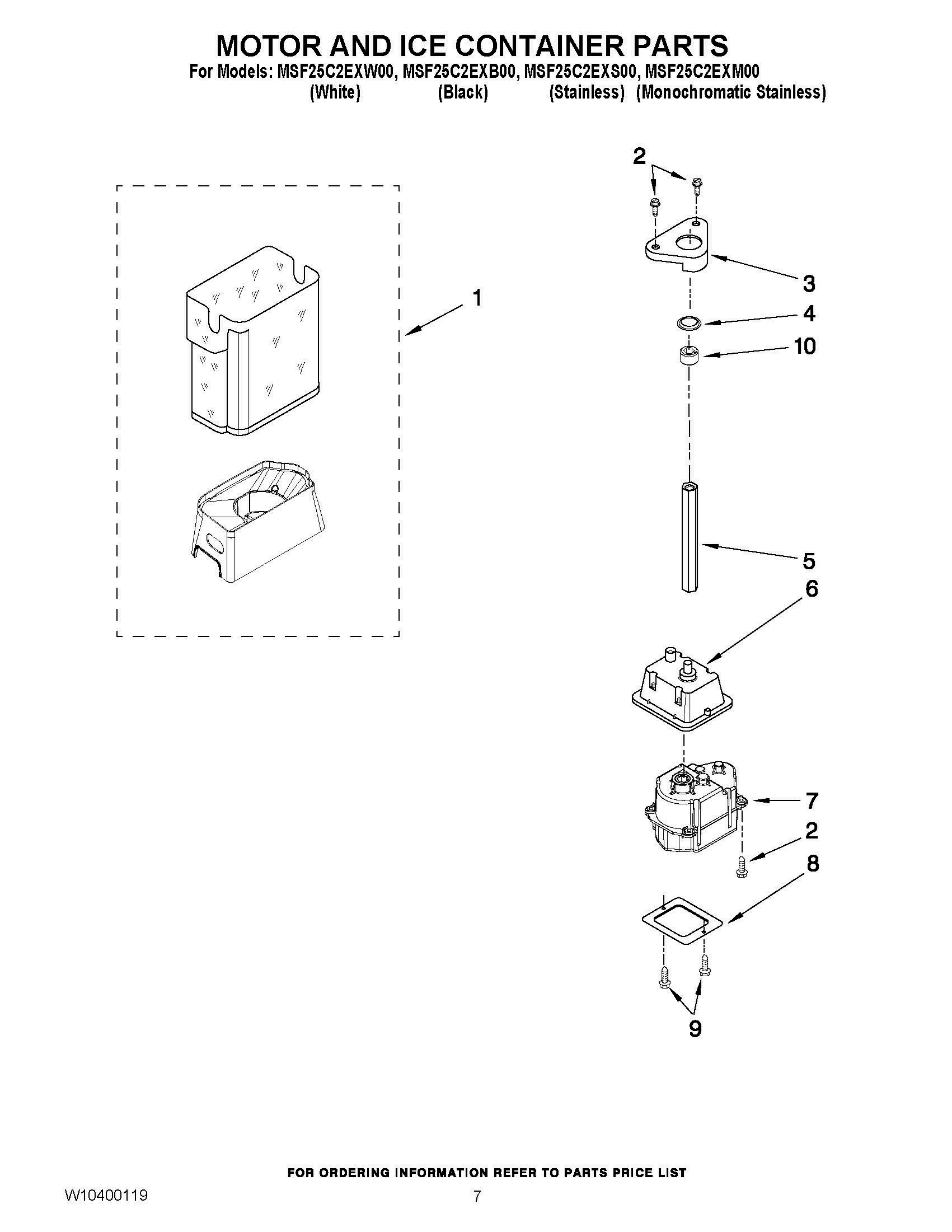 05 - MOTOR AND ICE CONTAINER PARTS Diagram and Parts List for MSF25C2EXS00  Whirlpool Refrigerator
