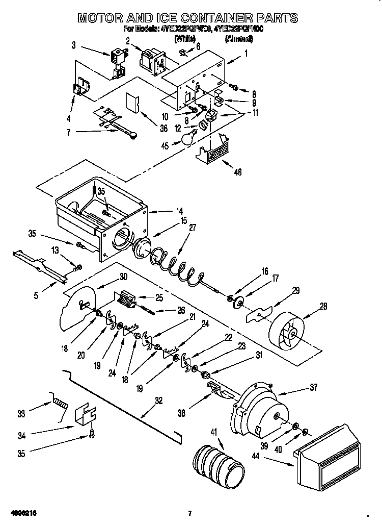 Motor And Ice Container Diagram and Parts List for 4YED22PQFW00  Whirlpool Refrigerator
