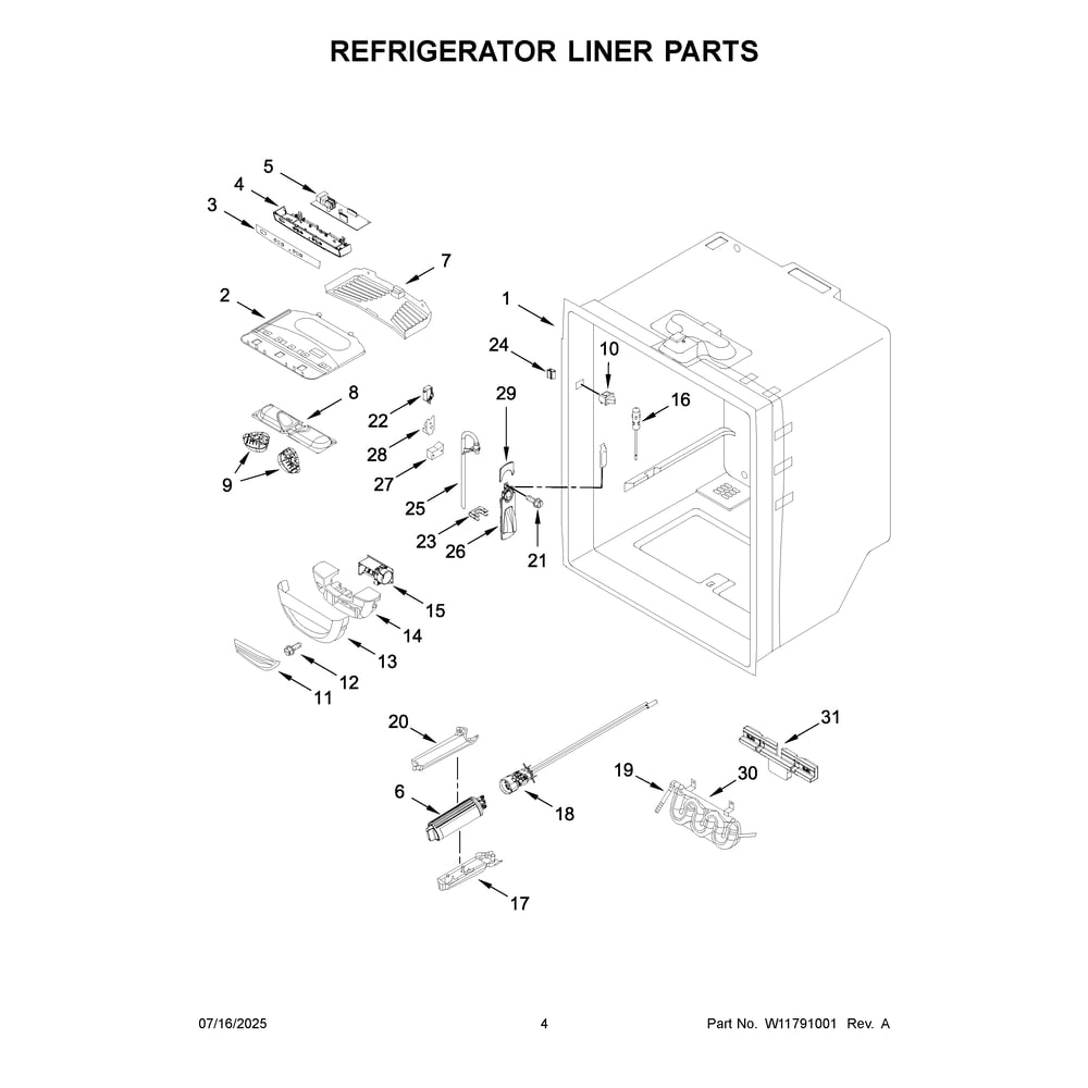 Refrigerator Liner Parts Diagram and Parts List for WRFF5333PZ03  Whirlpool Refrigerator