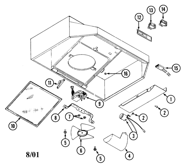 Body/internal Parts Diagram and Parts List for UXT2036AAB  Whirlpool Range Hood