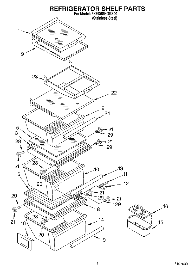 REFRIGERATOR SHELF Diagram and Parts List for 3XED5SHGKS00  Whirlpool Refrigerator