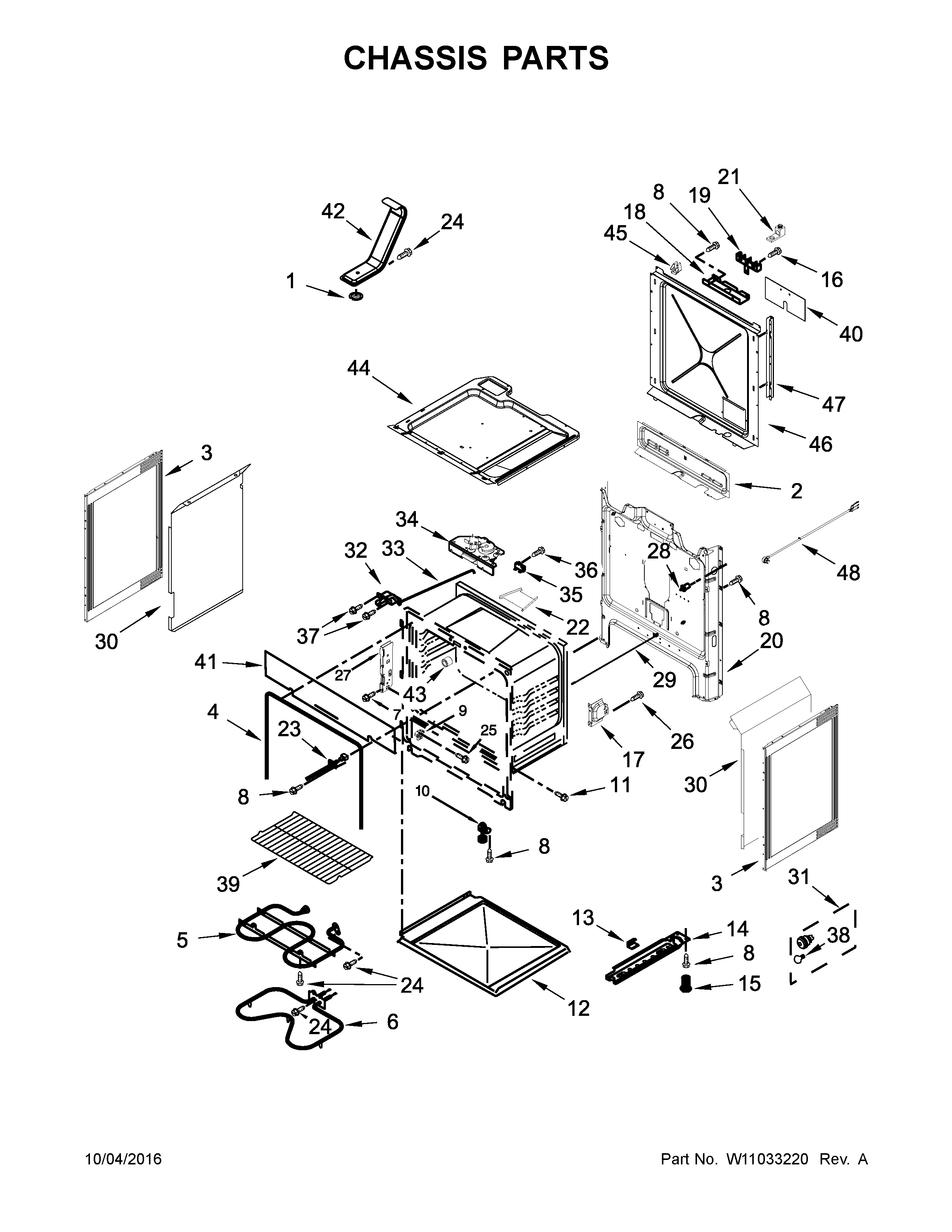 Chassis Parts Diagram and Parts List for 664C95113610  Kenmore Range