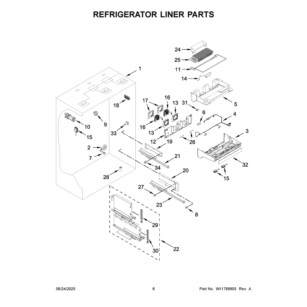 Refrigerator Liner Parts Diagram and Parts List for KBFN502EBS06  KitchenAid Refrigerator