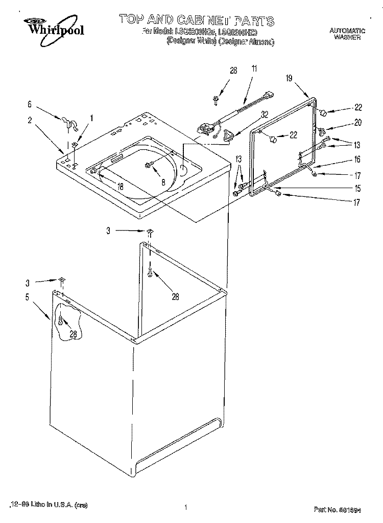 TOP AND CABINET Diagram and Parts List for LSQ8200HQ0  Whirlpool Washer