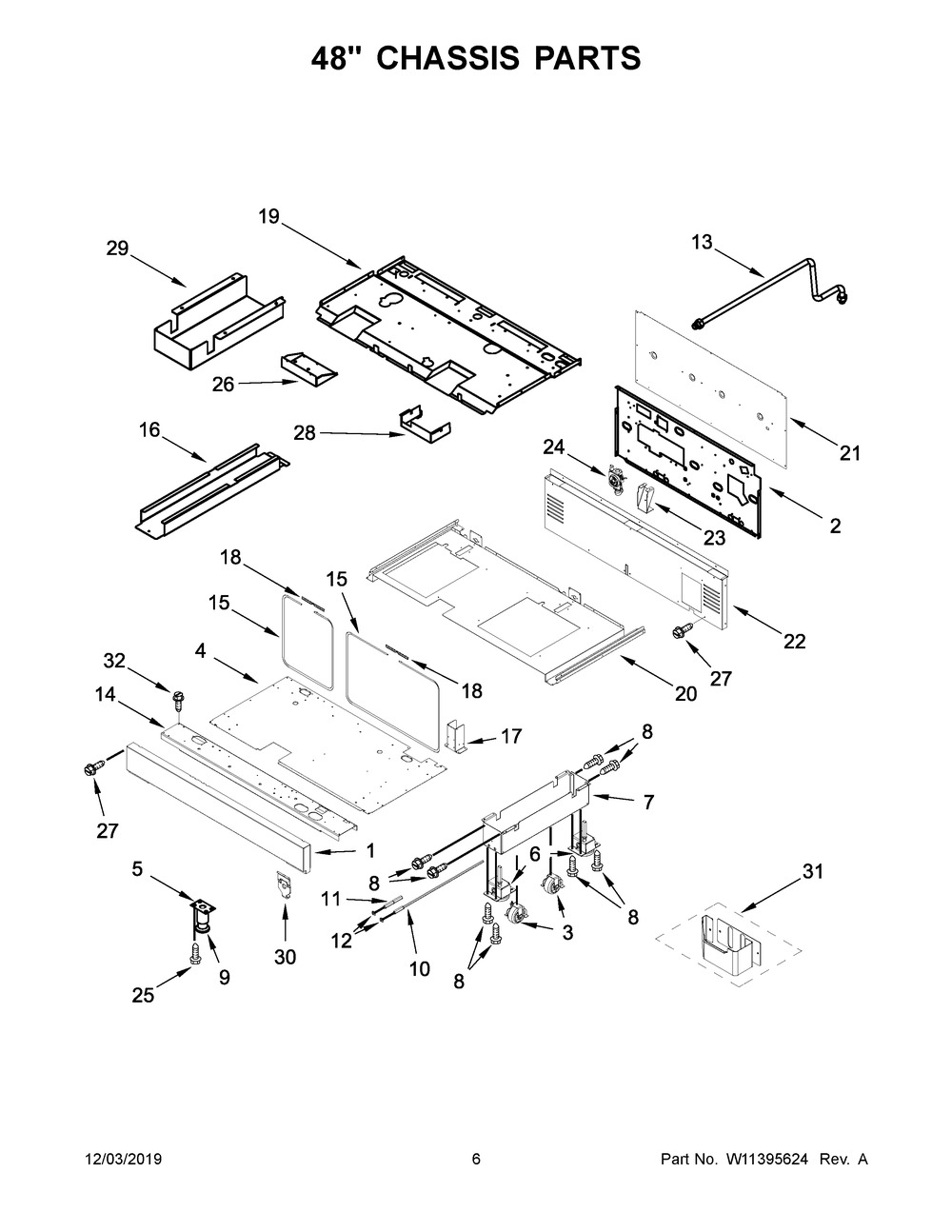 48" Chassis Parts Diagram and Parts List for KFDC558JSS00  Whirlpool Range