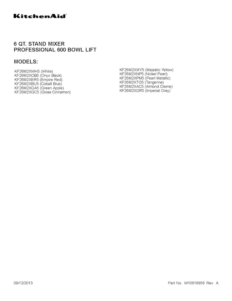 Cover Sheet Diagram and Parts List for KF26M2XAC5  KitchenAid Mixer
