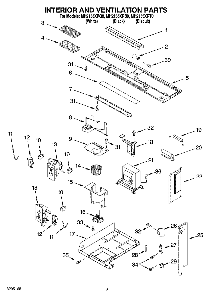 INTERIOR AND VENTILATION PARTS Diagram and Parts List for MH2155XPB0  Whirlpool Microwave