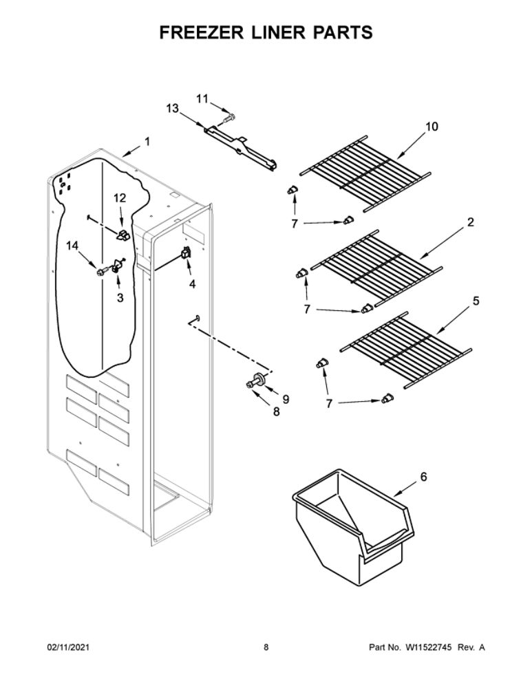 Freezer Liner Parts Diagram and Parts List for 10650045715  Kenmore Refrigerator