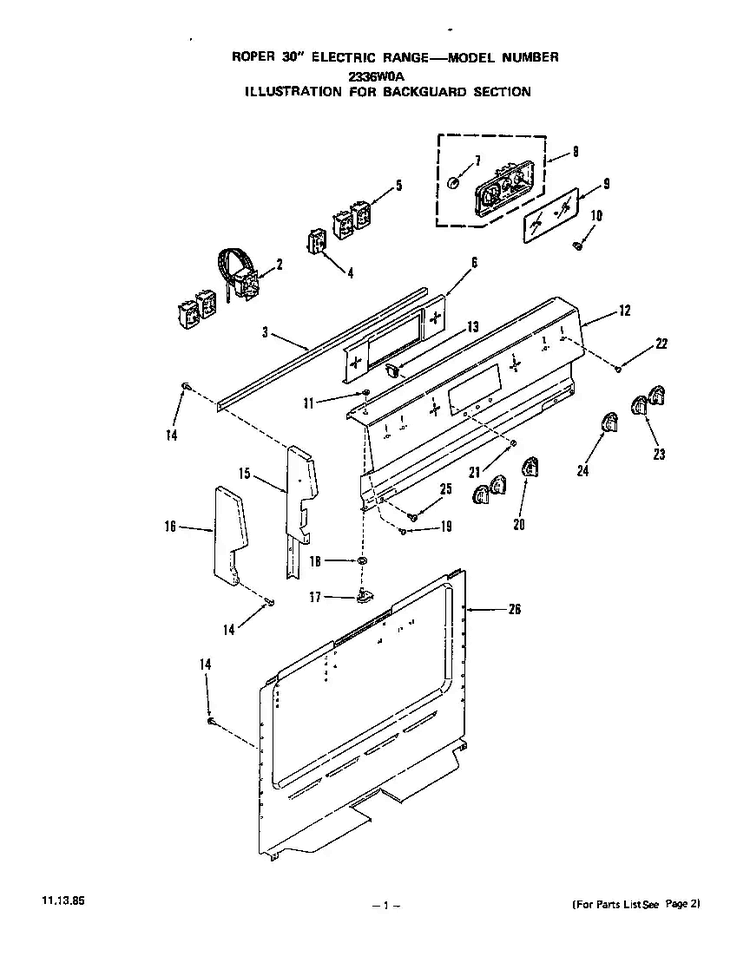 Backguard Diagram and Parts List for 2336*0A  Roper Range