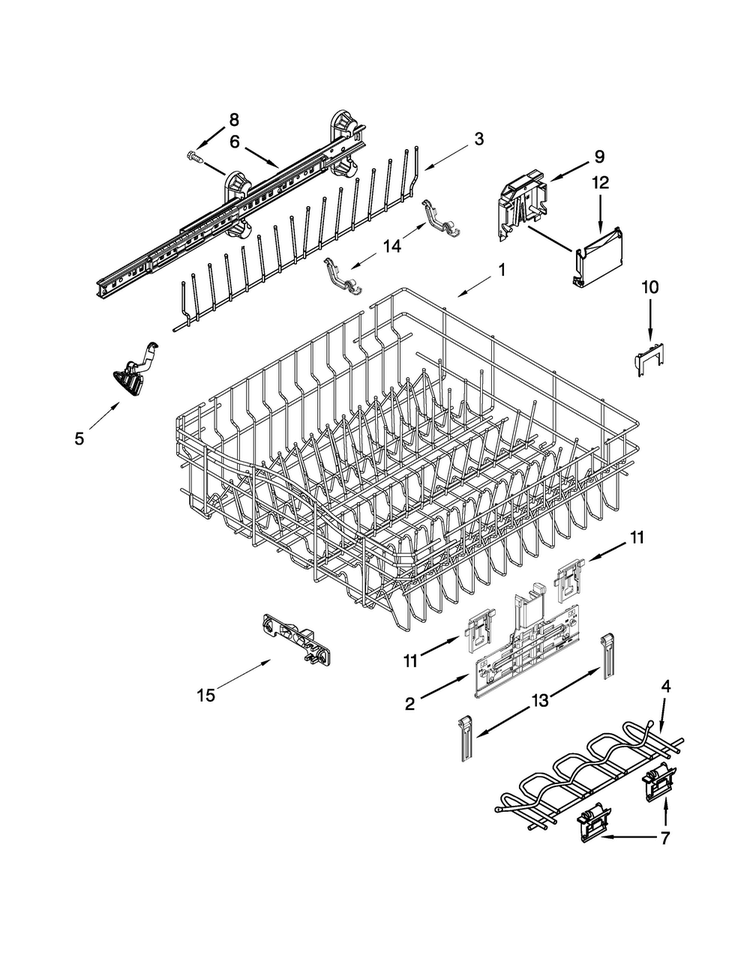Upper Rack And Track Parts Diagram and Parts List for GLB14BBANA0  Whirlpool Dishwasher