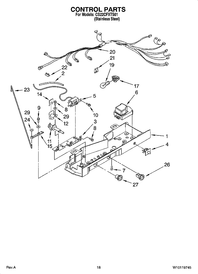 CONTROL PARTS Diagram and Parts List for CS22CFXTS01  Crosley Refrigerator