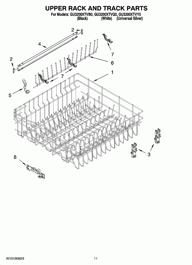 UPPER RACK AND TRACK PARTS Diagram and Parts List for GU3200XTVB0  Whirlpool Dishwasher