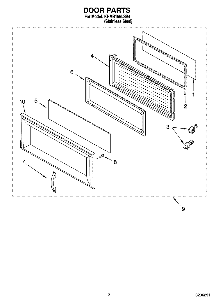 DOOR PARTS Diagram and Parts List for KHMS155LSS4  KitchenAid Microwave