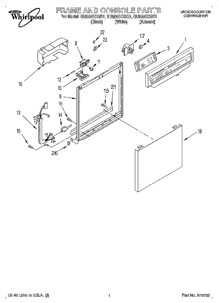 FRAME AND CONSOLE Diagram and Parts List for GU980SCGZ1  Whirlpool Dishwasher