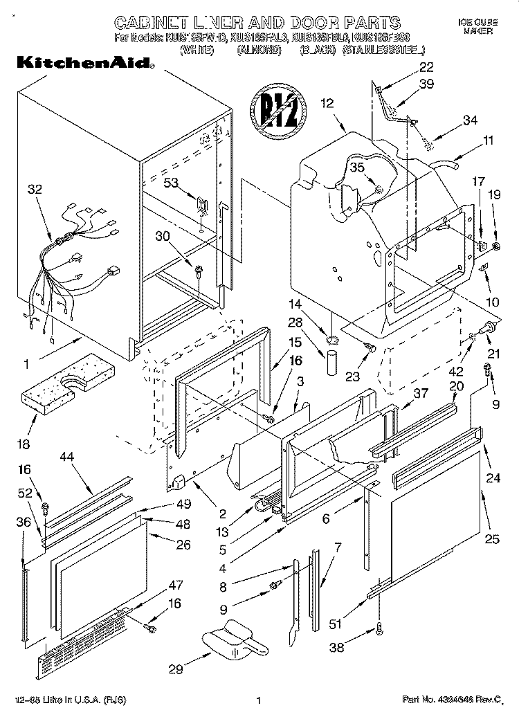 CABINET LINER AND DOOR, LIT/OPTIONAL Diagram and Parts List for KUIS185FBL0  KitchenAid Ice Maker