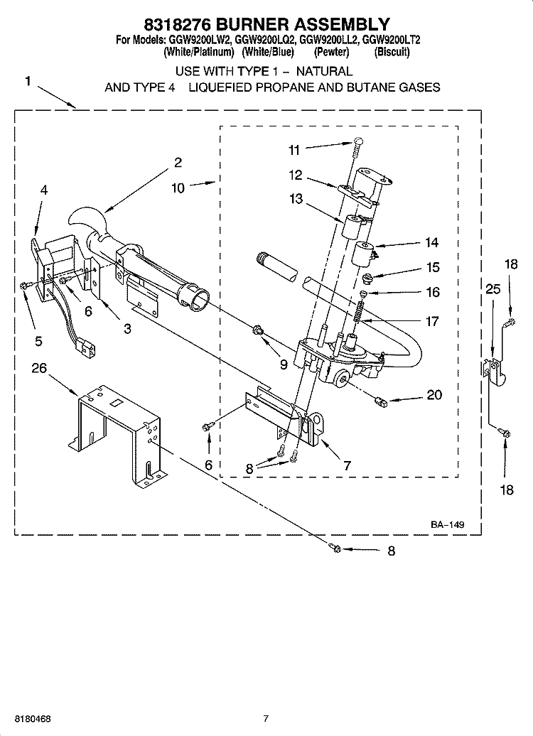 8318276 BURNER ASSEMBLY Diagram and Parts List for GGW9200LL2  Whirlpool Dryer