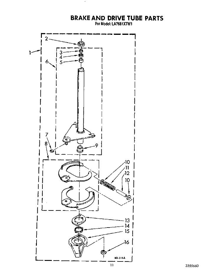 BRAKE AND DRIVE TUBE Diagram and Parts List for LA7680XTF1  Whirlpool Washer