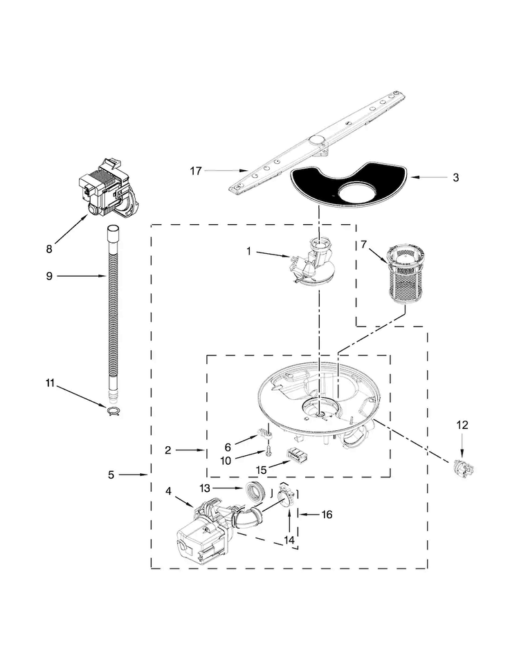 Pump, Washarm And Motor Parts Diagram and Parts List for WDF320PADD0  Whirlpool Dishwasher