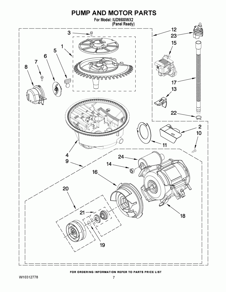 PUMP AND MOTOR PARTS Diagram and Parts List for IUD9500WX2  Whirlpool Dishwasher