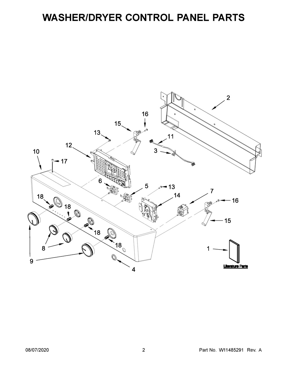Washer/Dryer Control Panel Parts Diagram and Parts List for WETLV27HW2  Whirlpool Washer Dryer Combo