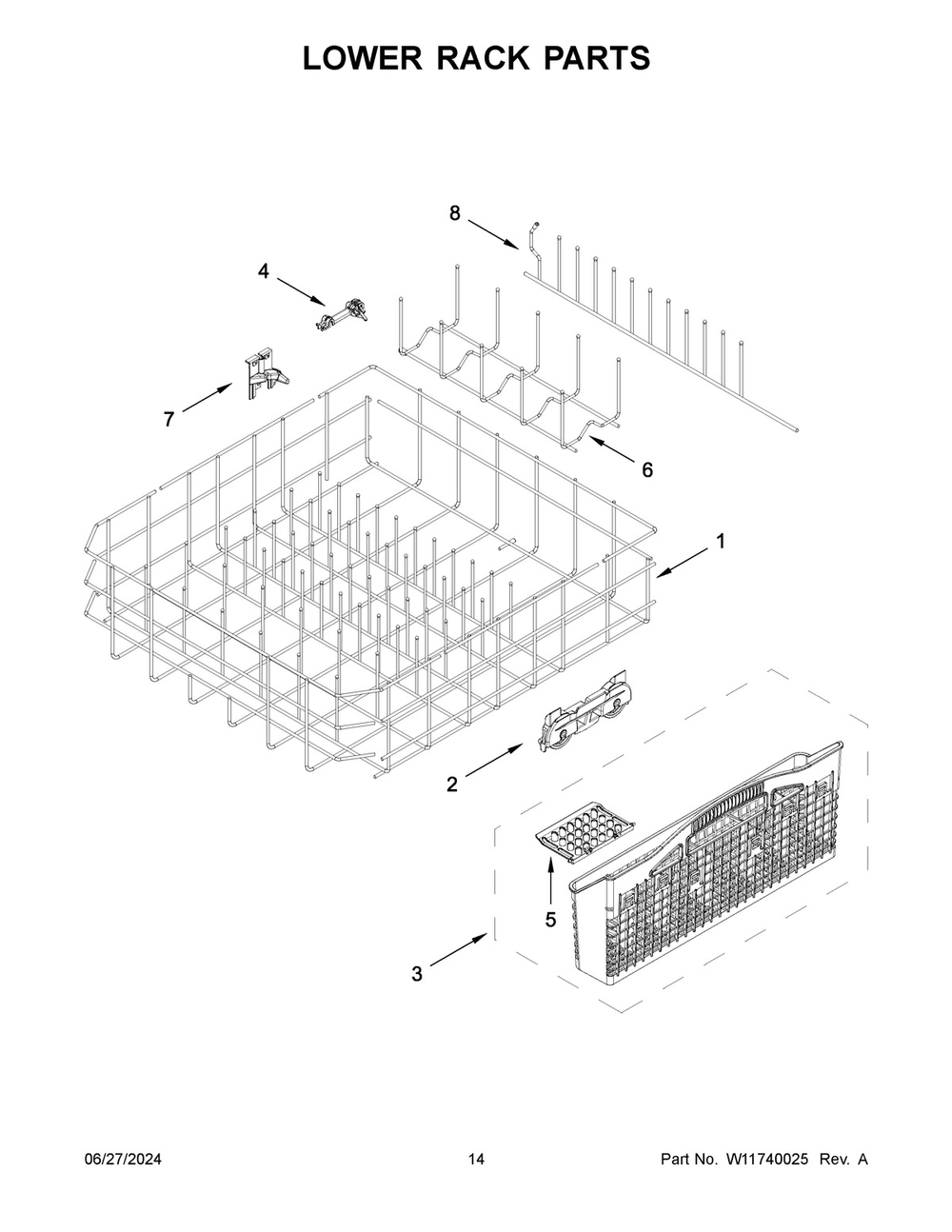 08 - Lower Rack Parts Diagram and Parts List for BLB14GRANA3  Whirlpool Dishwasher