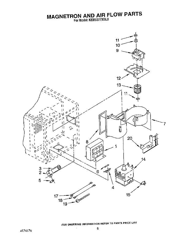 MAGNETRON AND AIR FLOW Diagram and Parts List for KEMS377XBL0  KitchenAid Microwave Oven Combo