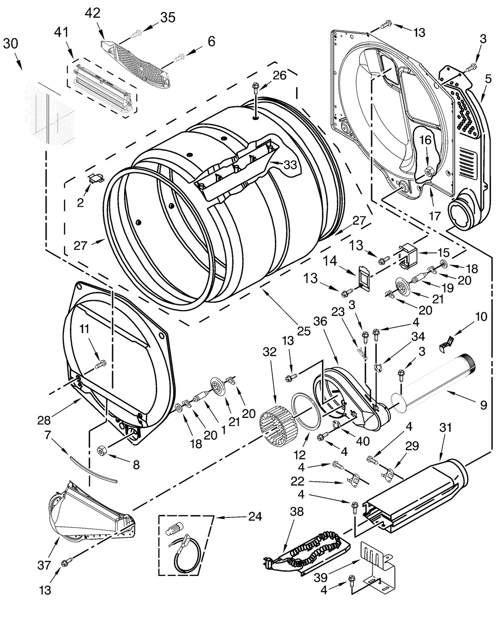 Upper And Lower Bulkhead Parts Diagram and Parts List for MLE26PRFZW0  Whirlpool Dryer
